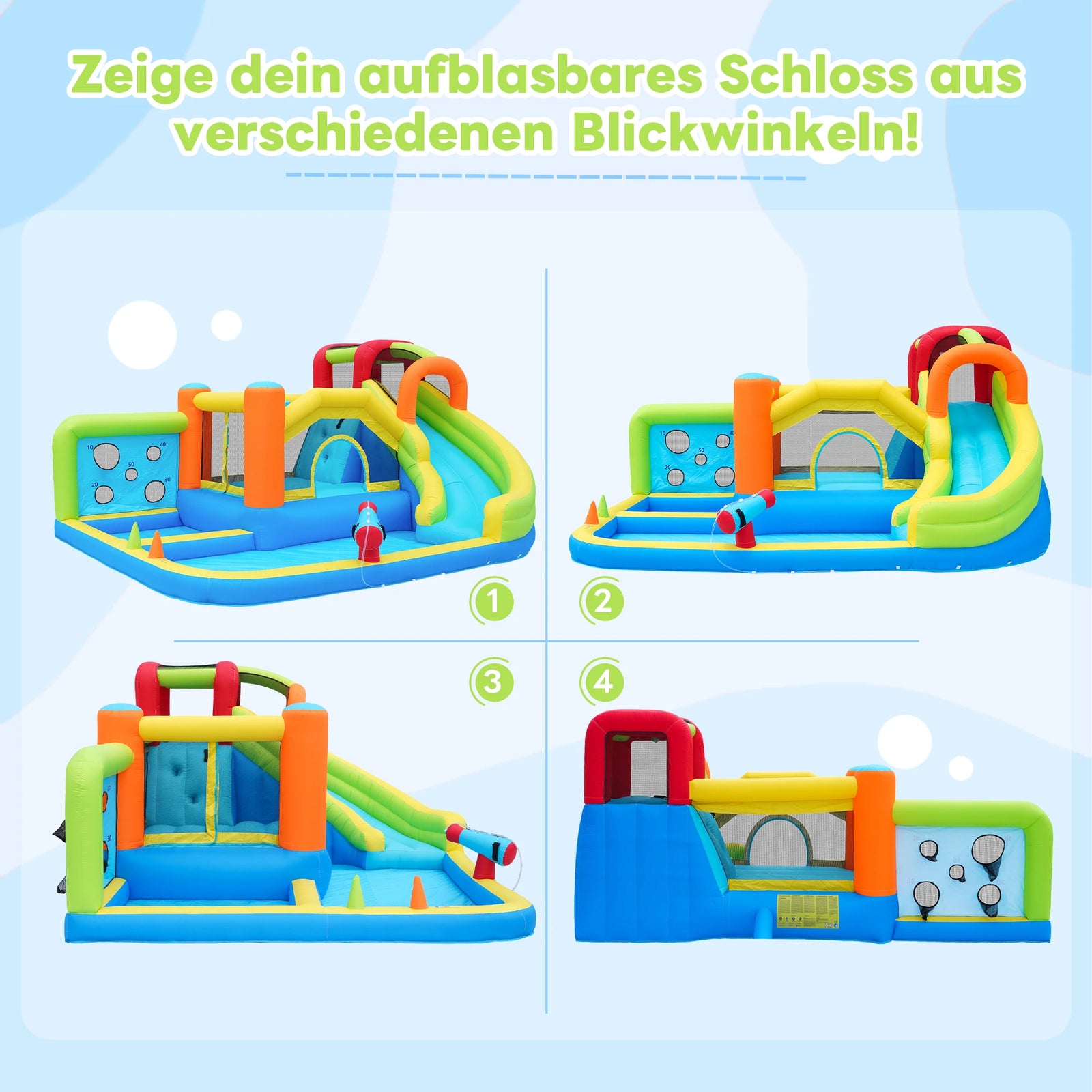 Aire de jeux gonflable avec toboggan et piscine installée en extérieur
