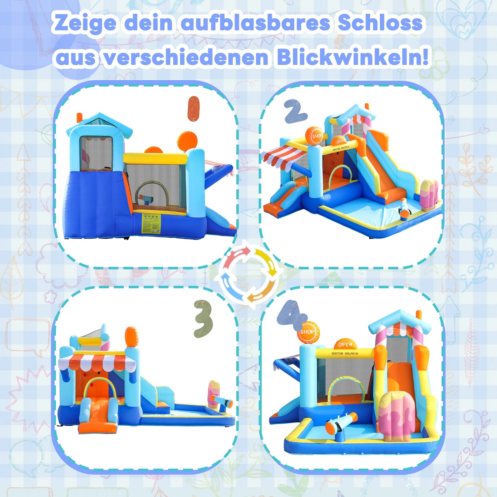 Aire de jeux gonflable aquatique installée dans un jardin