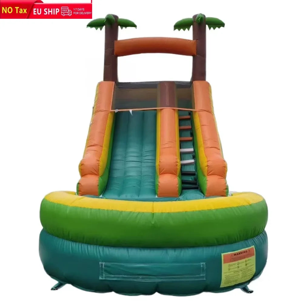 Toboggan aquatique gonflable double avec piscine à balles installé en extérieur