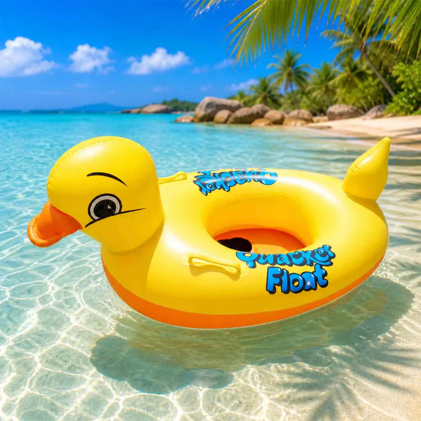 Bouée gonflable canard flottant sur l'eau d'une piscine