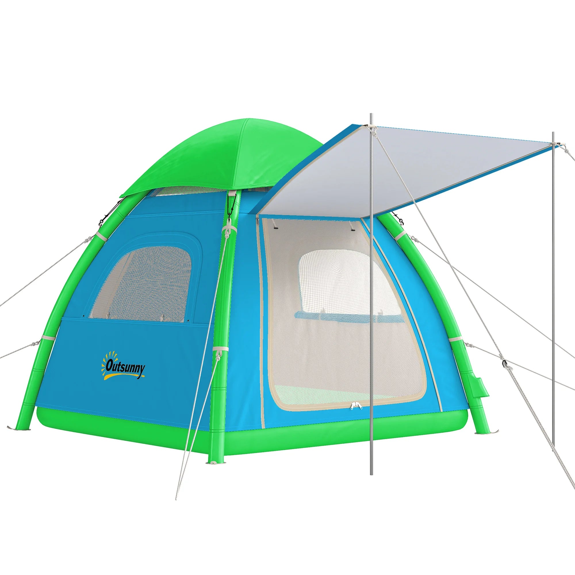 Tente gonflable dôme bleue installée en clairire