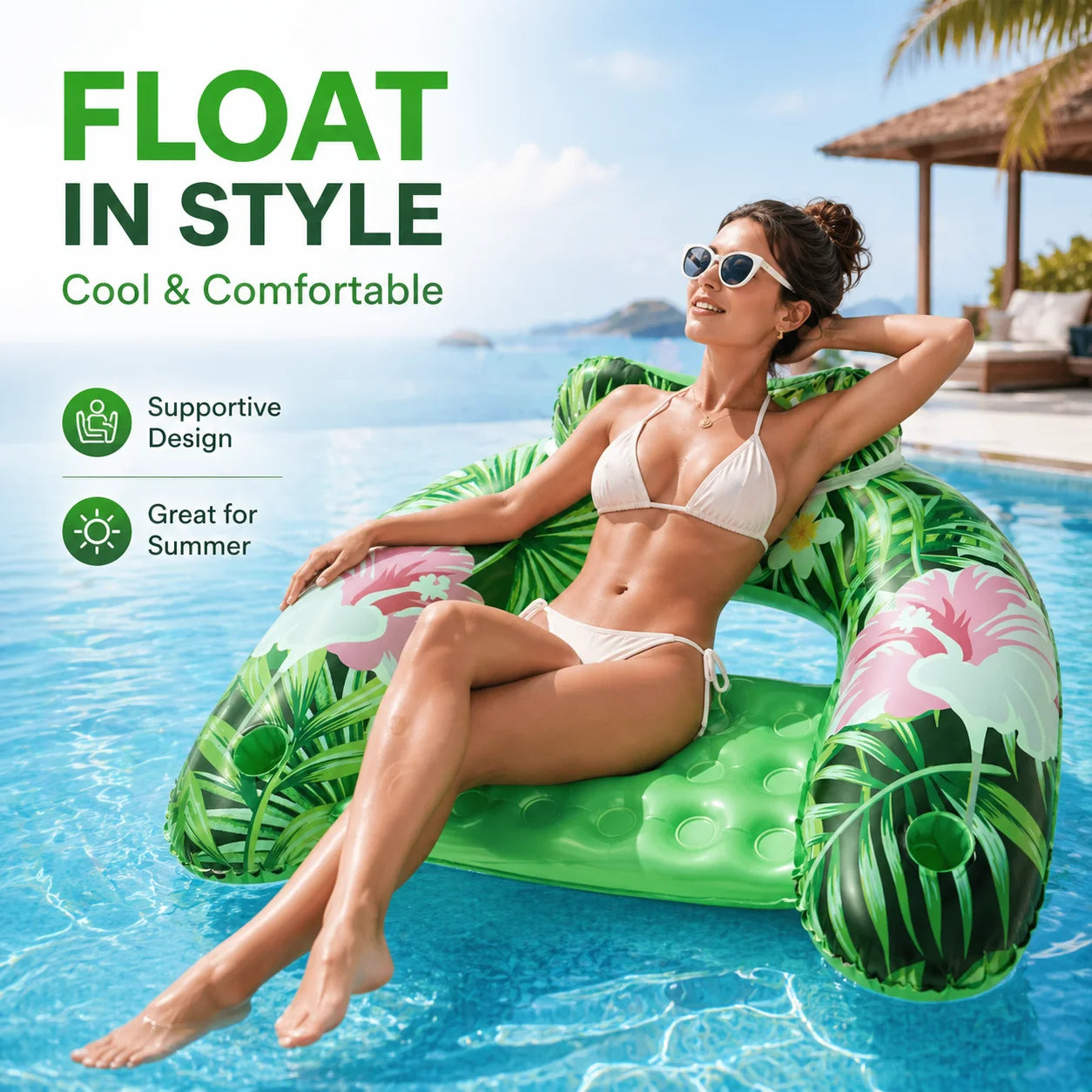 Personne installée sur le canapé gonflable flottant en piscine