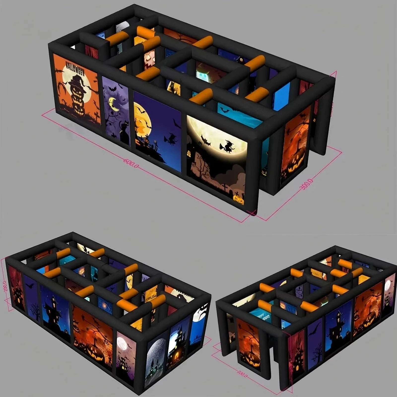 Labyrinthe gonflable Halloween hanté vu de nuit