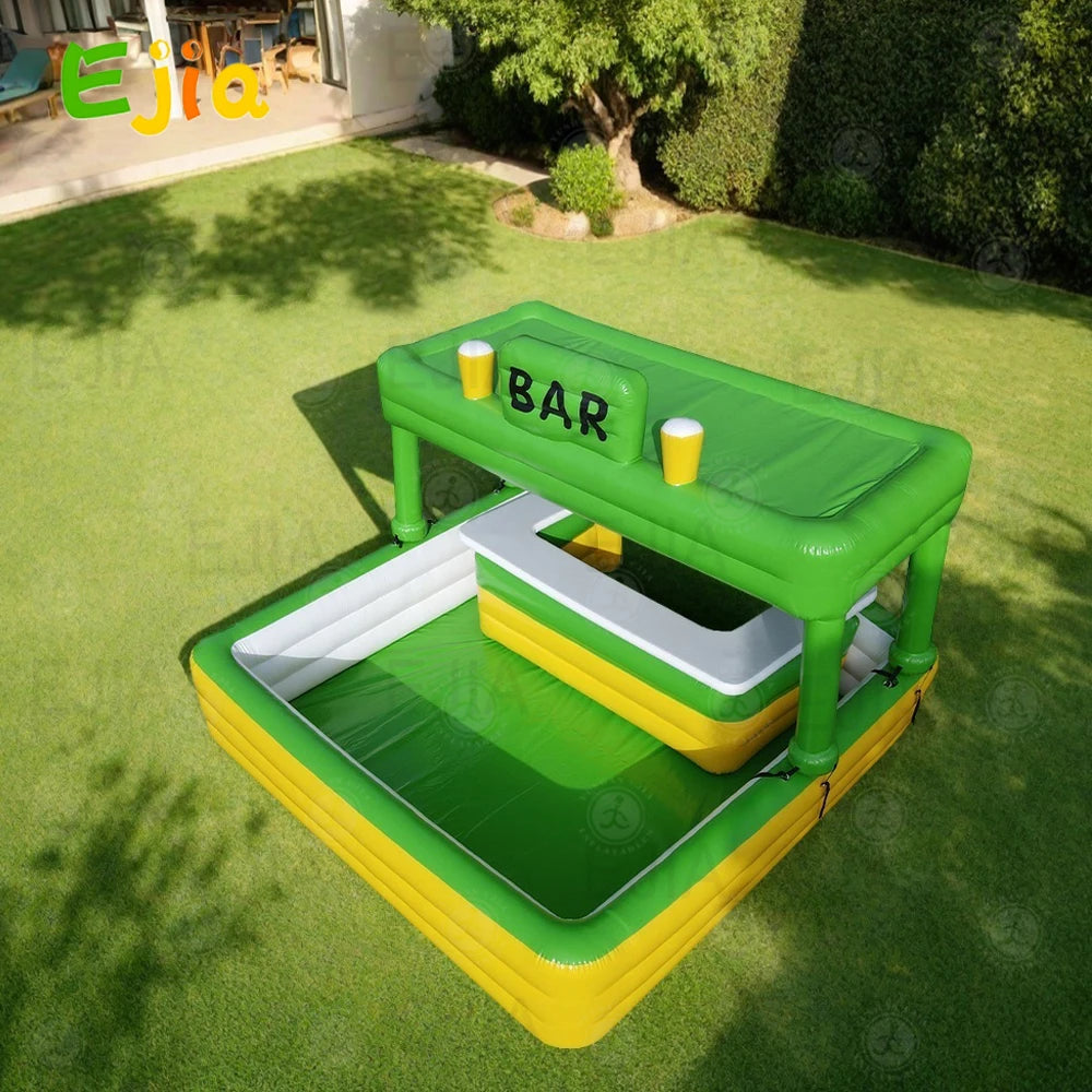 Bar gonflable piscine utilise lors d'une fete de jardin