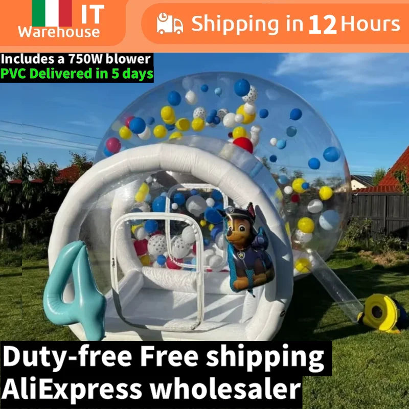 Bulle gonflable transparente installée en extérieur pour une fête