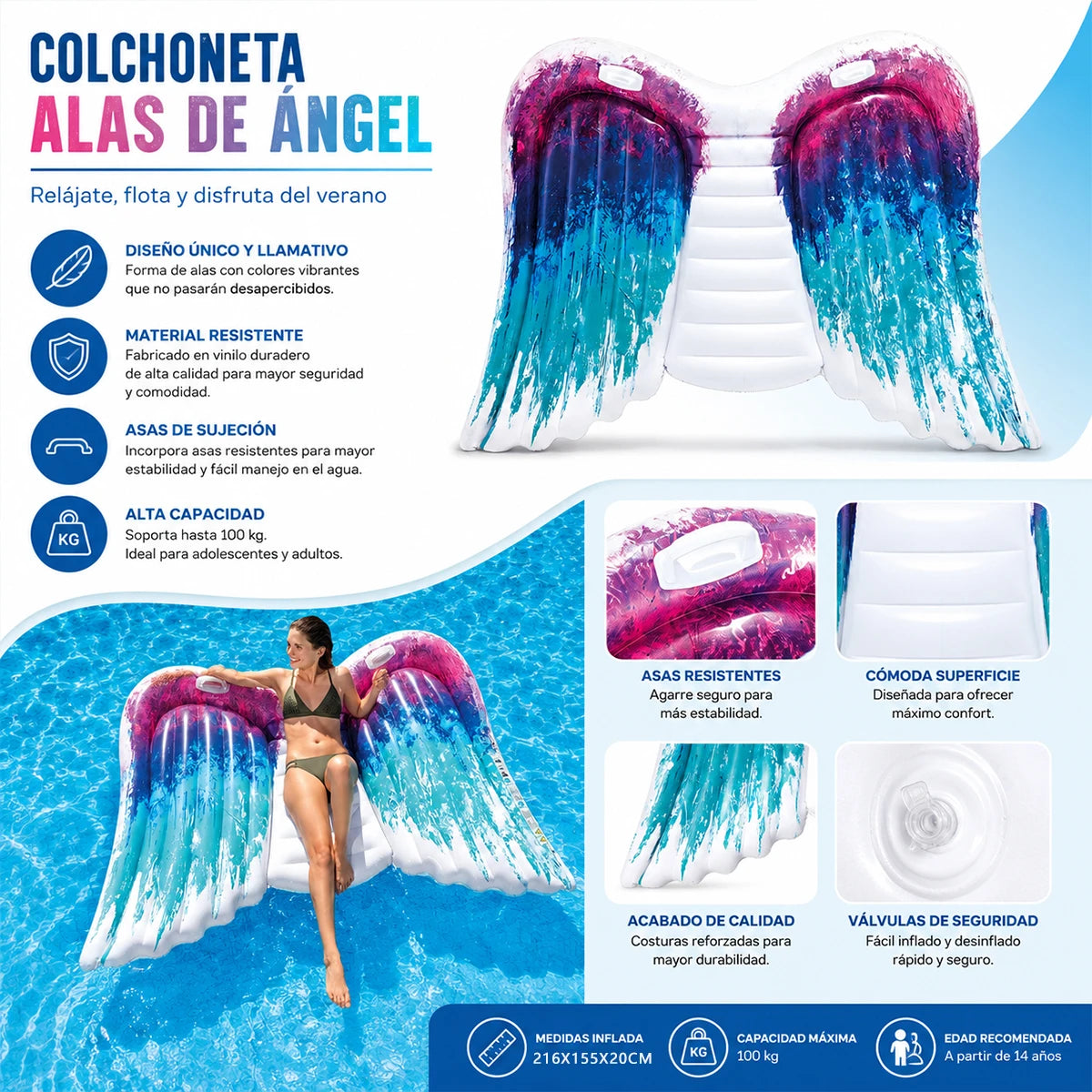 Matelas gonflable ailes d'ange flottant sur l'eau