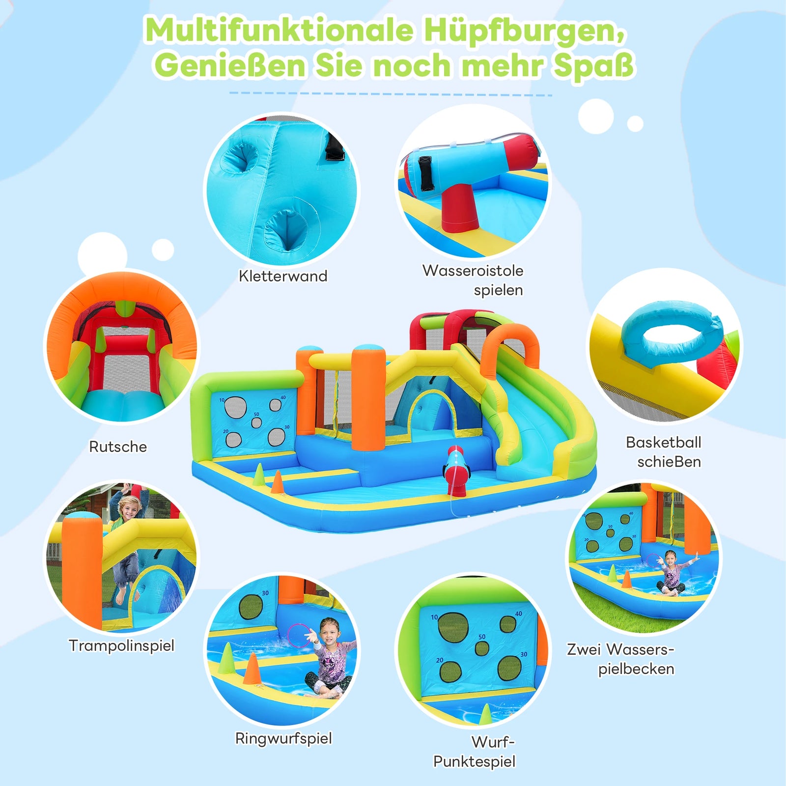 Aire de jeux gonflable avec toboggan et piscine installée en extérieur