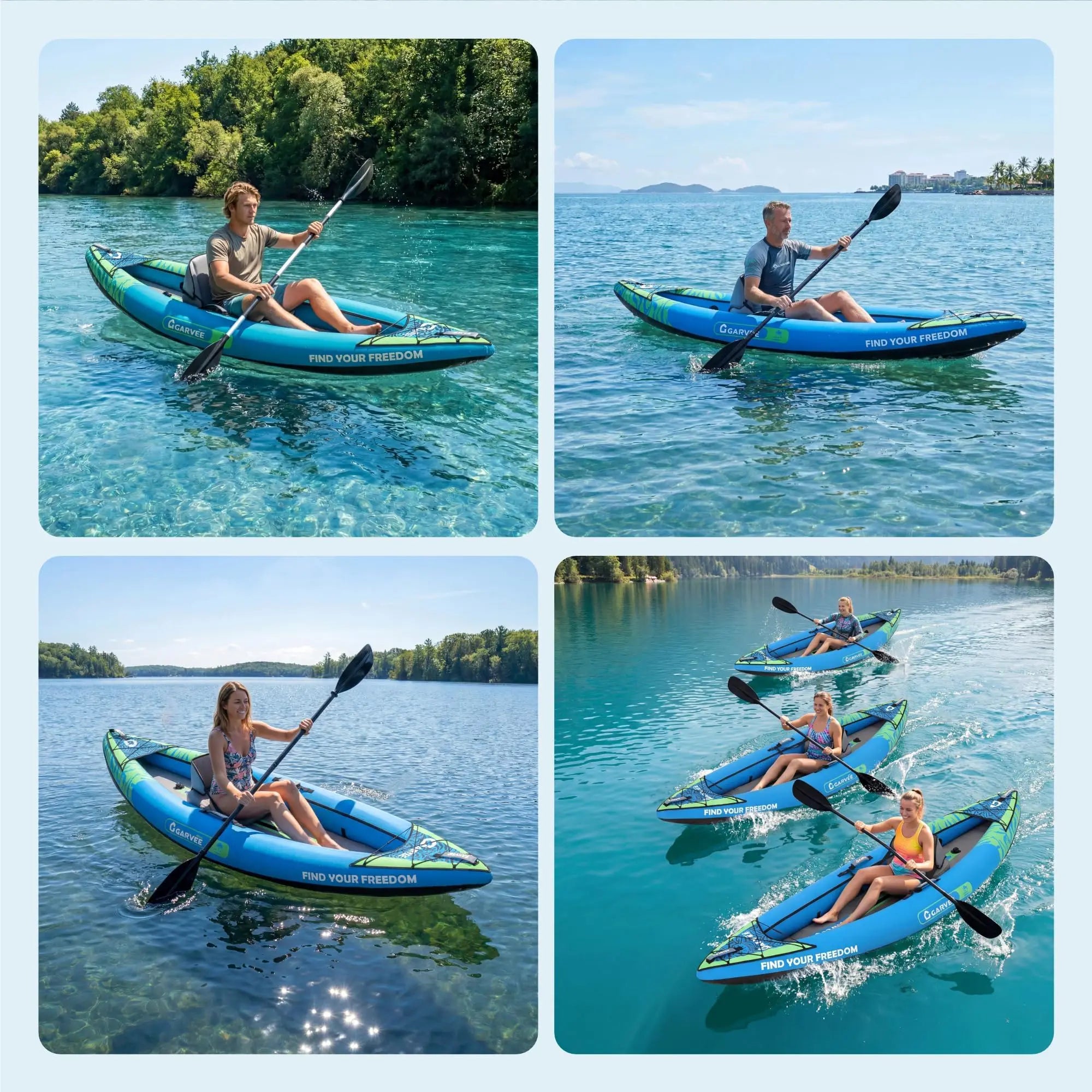 Vue d'ensemble du bateau gonflable kayak bleu ciel