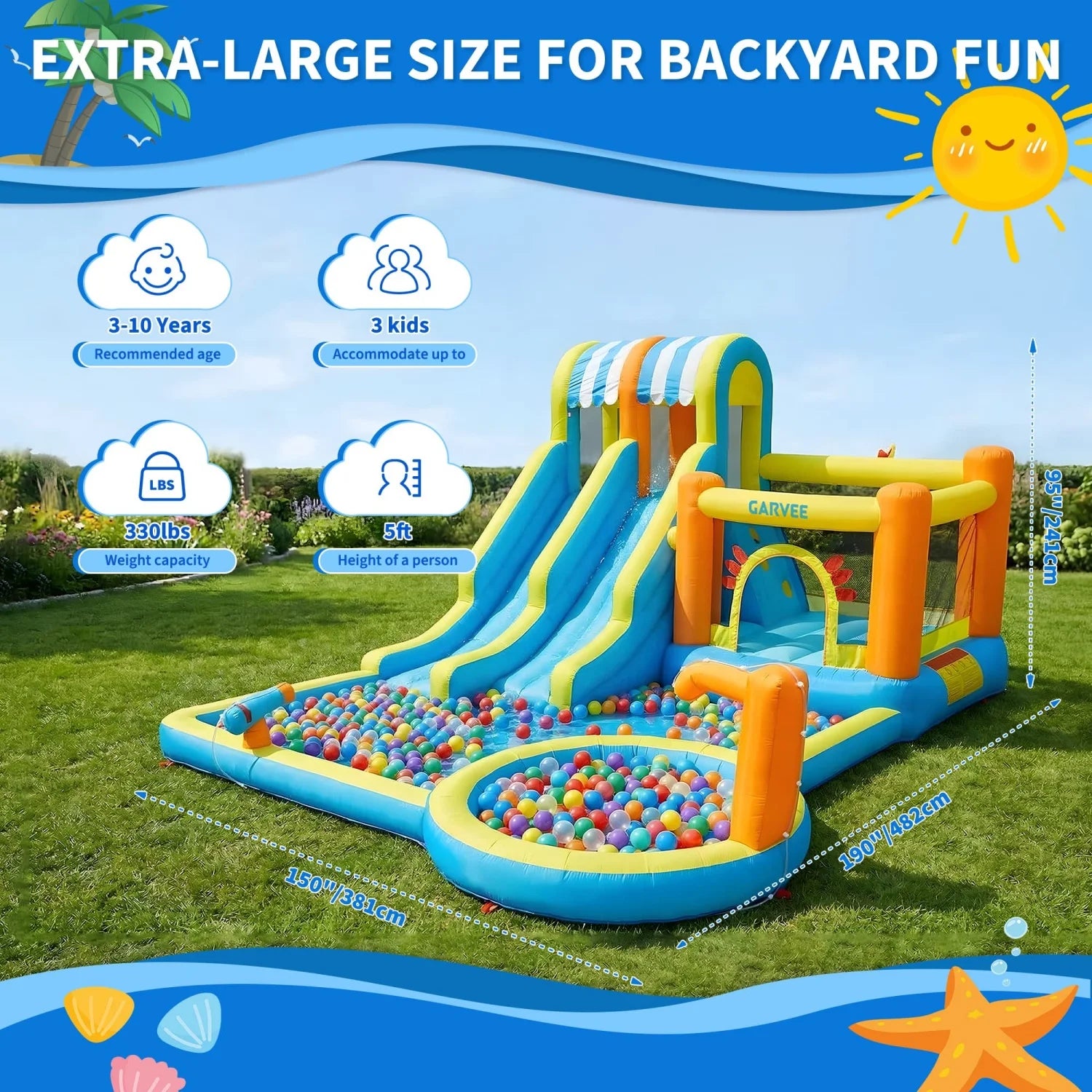 Aire de jeux gonflable 10 en 1 installée dans un jardin