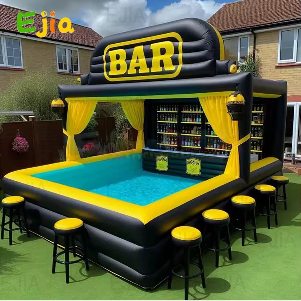 Bar gonflable piscine tente fête installé dans un jardin