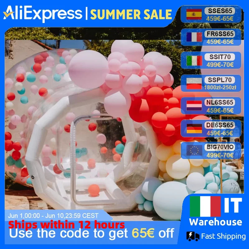 Bulle gonflable transparente installée pour une fête d'anniversaire