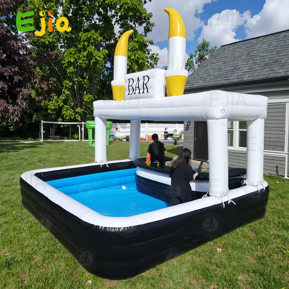 Bar gonflable piscine familial installe au jardin