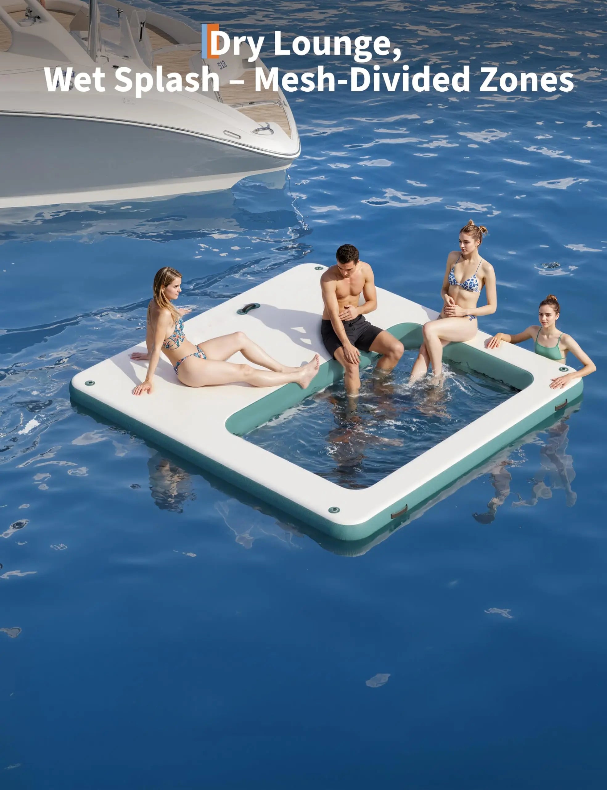 Famille sur plateforme flottante gonflable en lac