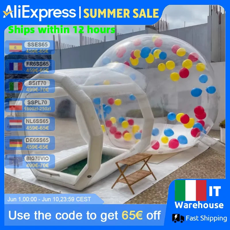 Bulle gonflable transparente installée pour une fête d'enfants en extérieur