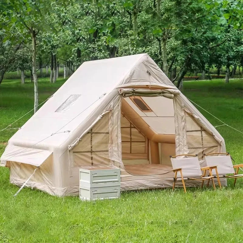 Tente gonflable anti-tempête installée en camping familial
