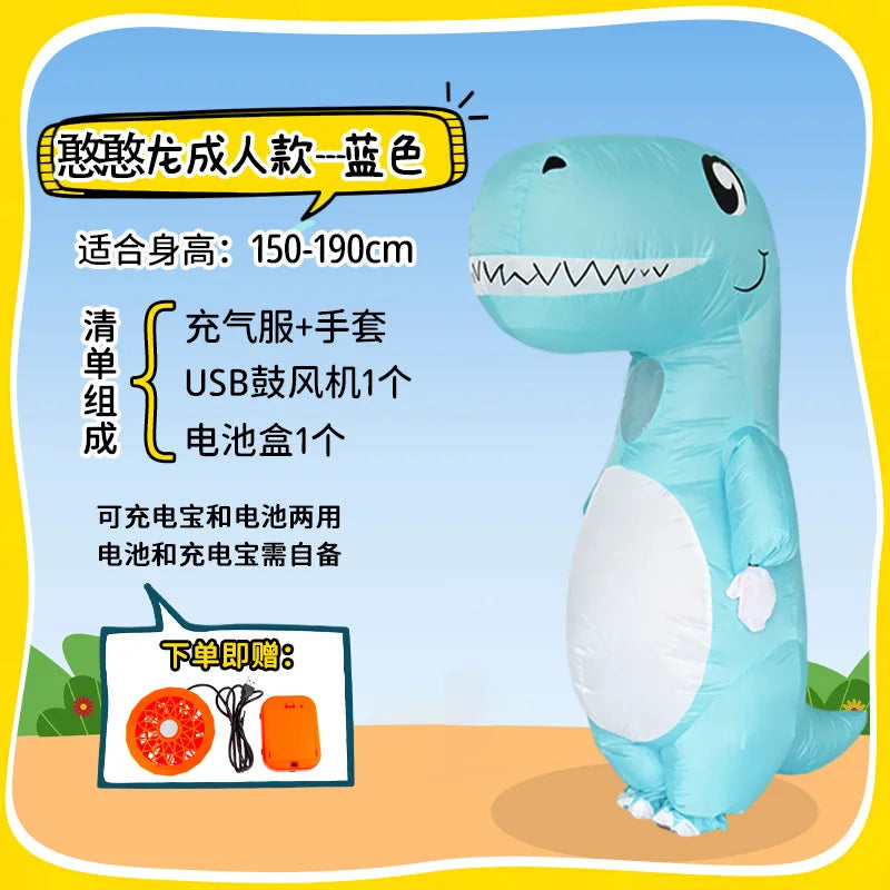 Personne enfilant le costume gonflable dinosaure adulte
