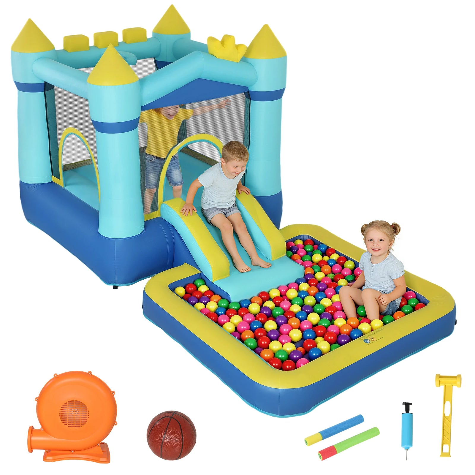 Château gonflable bleu multi-jeux vue d'ensemble