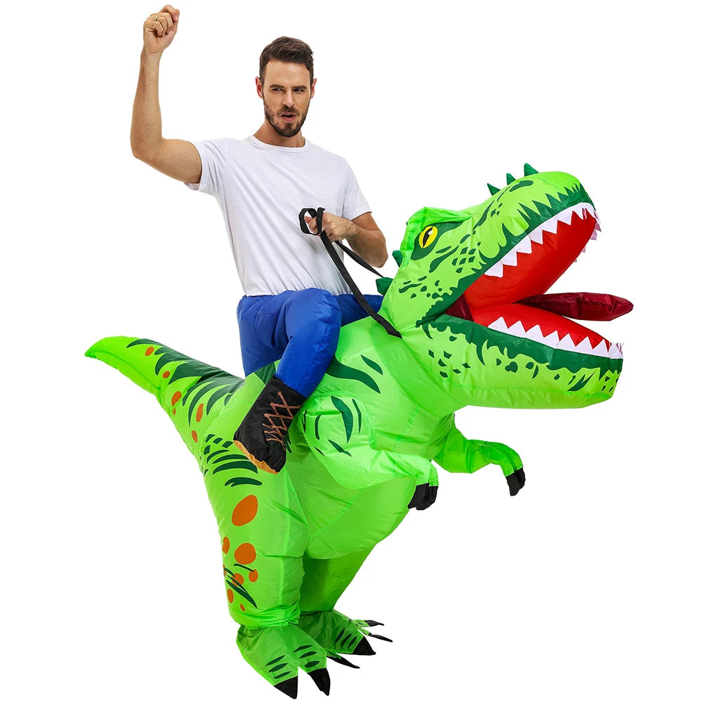 Costume dinosaure gonflable vert adulte porté en soirée