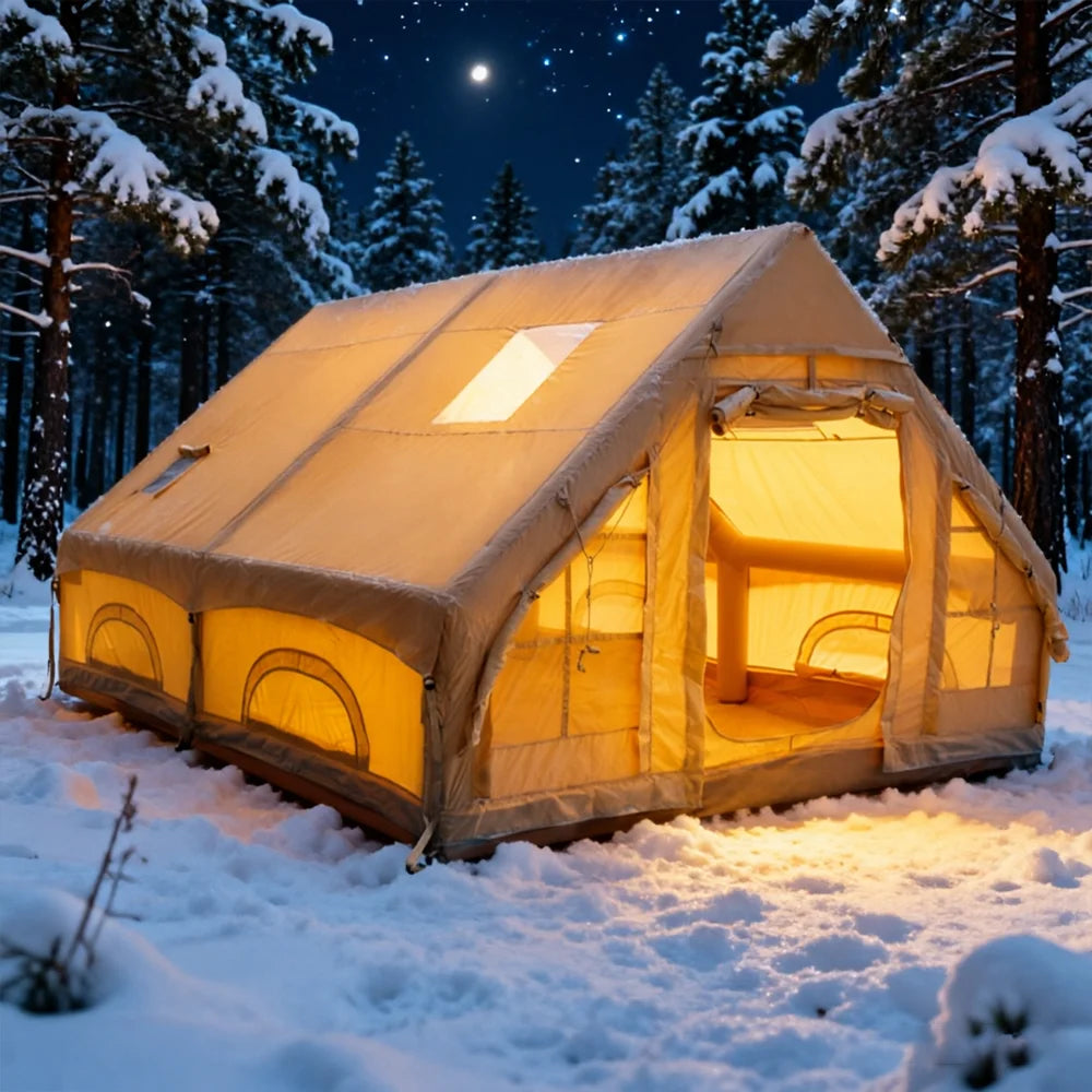 Tente gonflable grand espace installée en camping pour 4 à 8 personnes