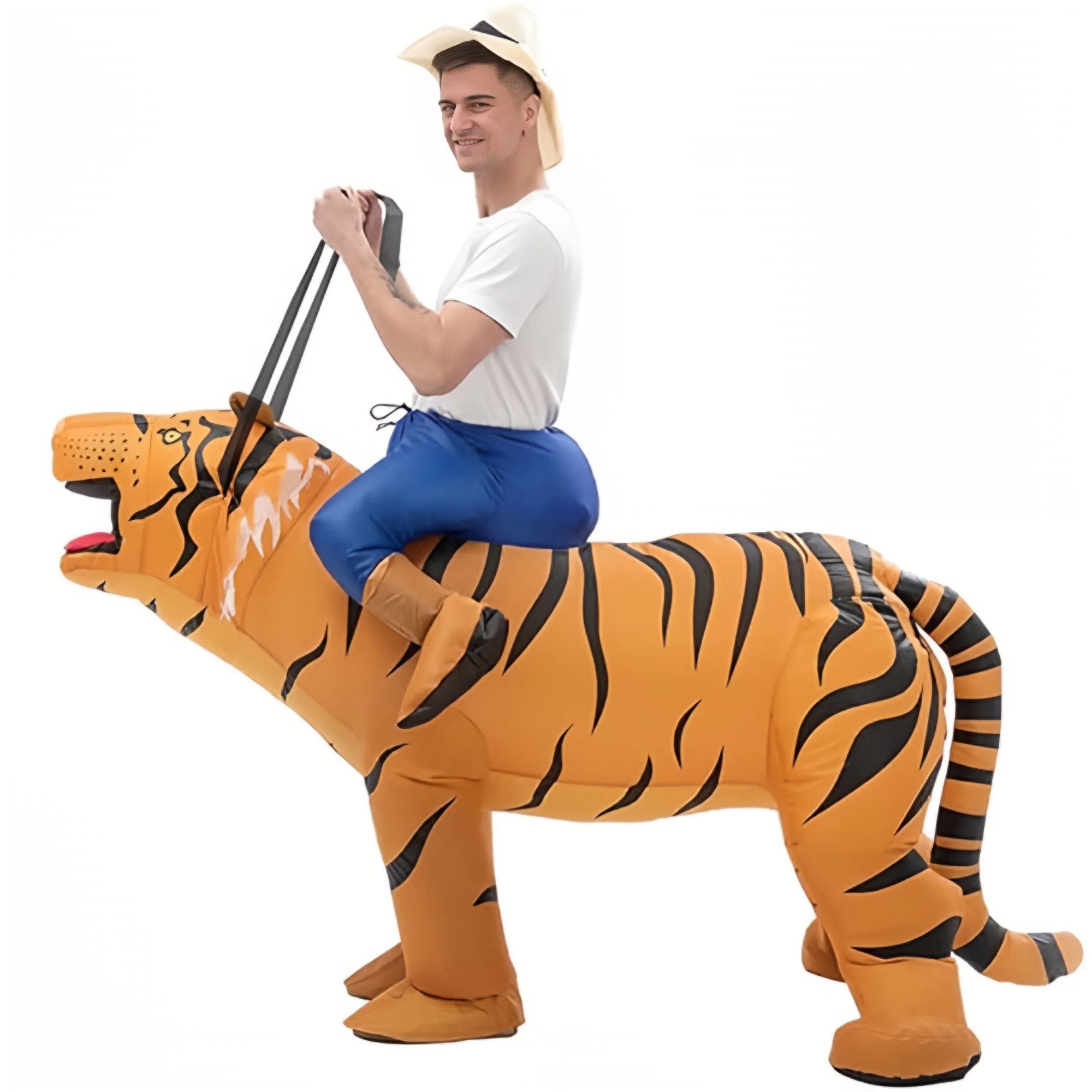Costume gonflable tigre vue latérale avec ventilateur