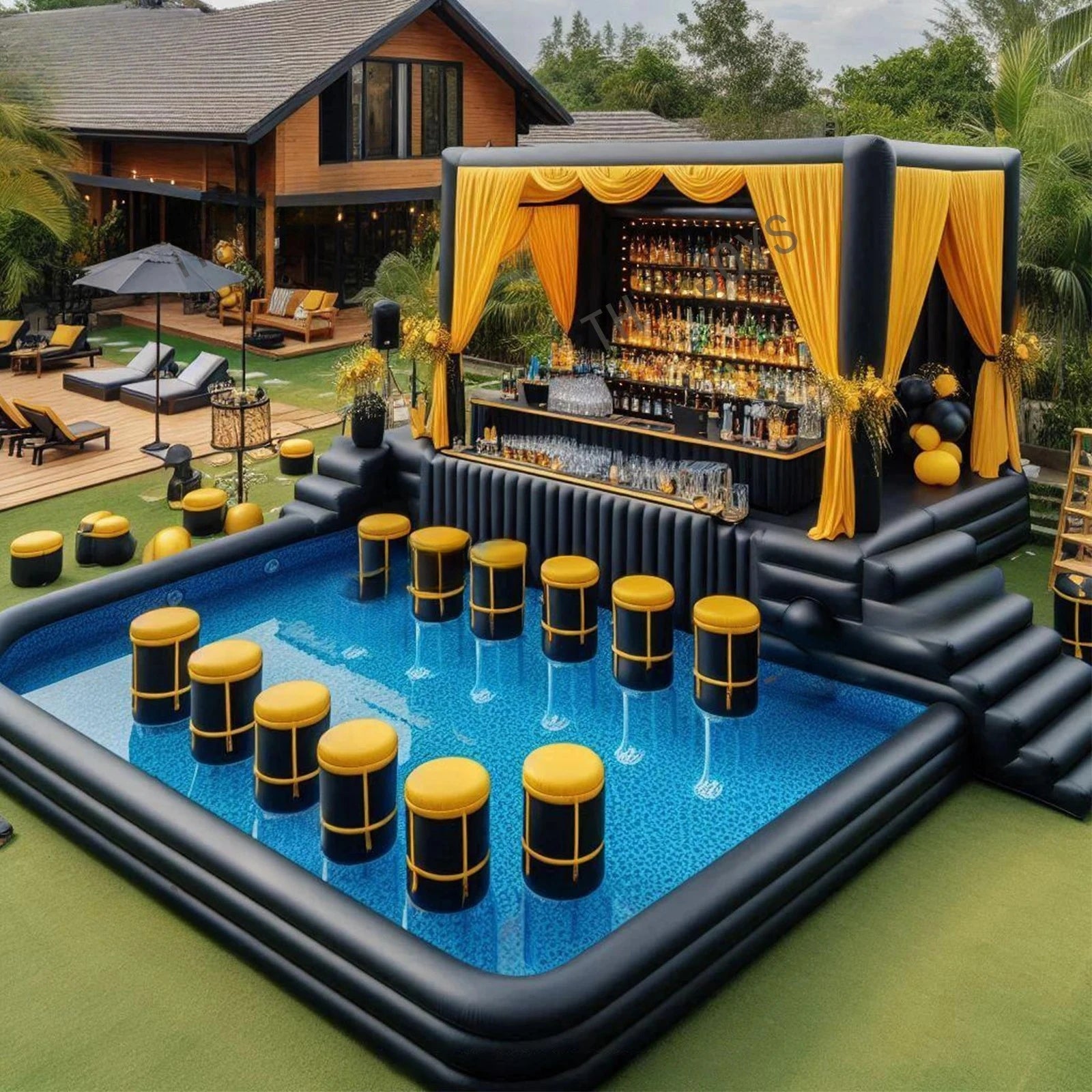 Bar gonflable piscine design premium installé au bord de l'eau
