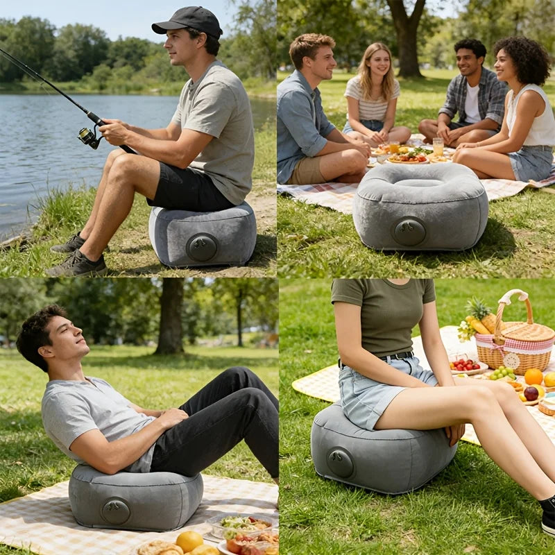 Canapé gonflable pliant gris installé pour le camping