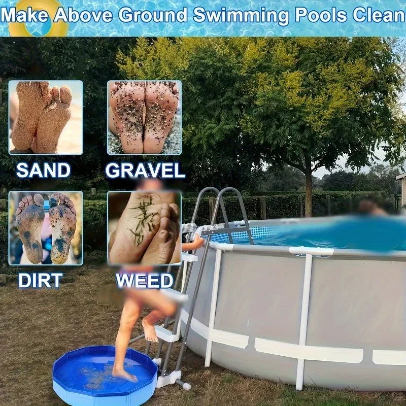 Bain de pieds pliable bleu à l'entrée d'une piscine