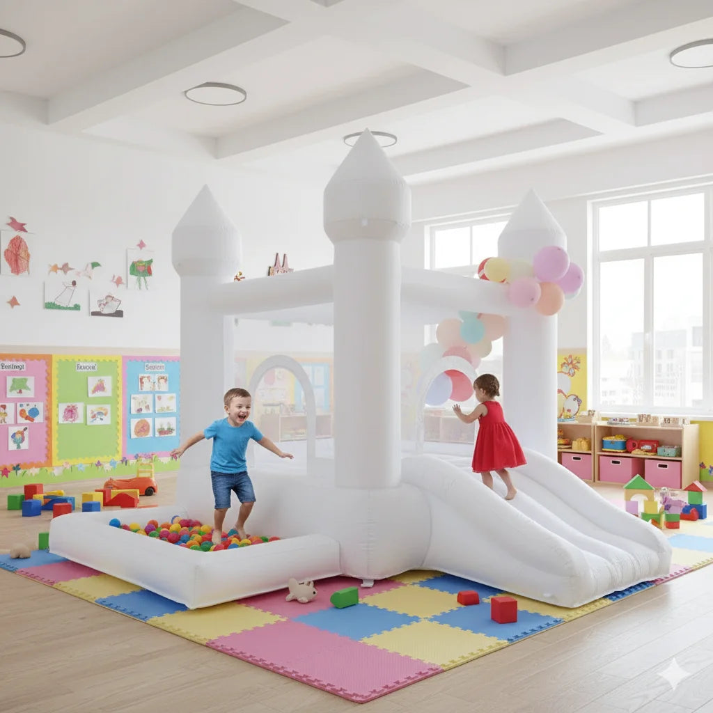 Château gonflable blanc 2,7 m avec toboggan pour enfants