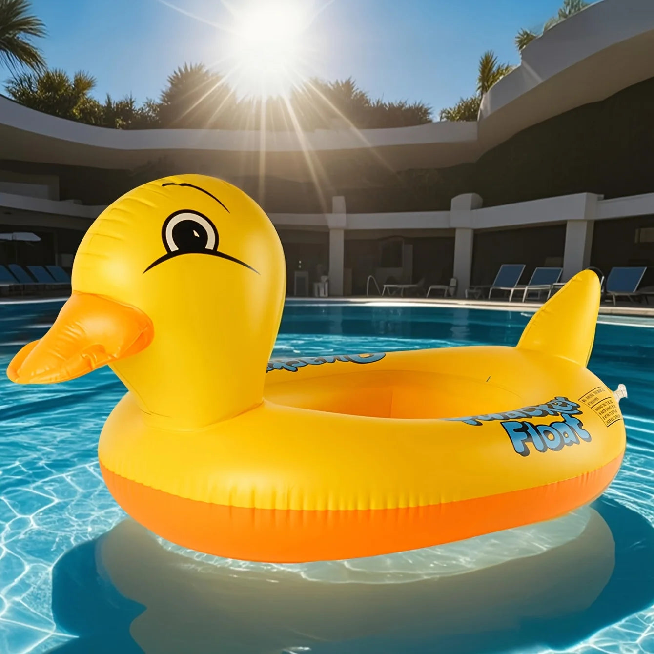 Enfant dans bouée canard gonflable en piscine