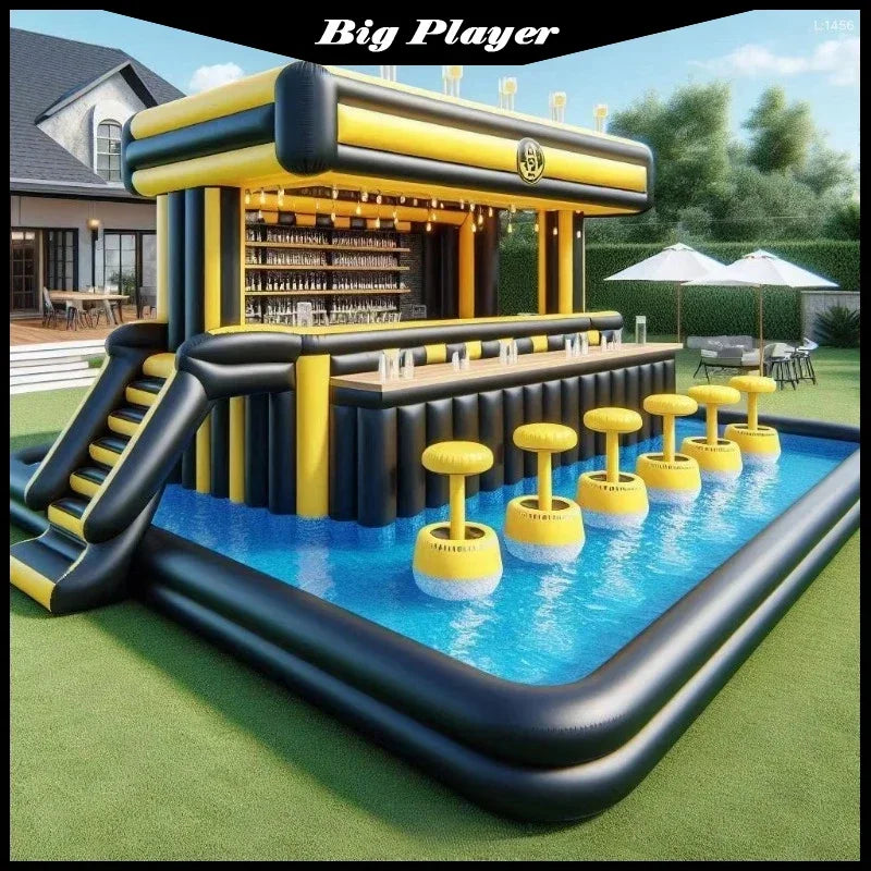 Bar gonflable piscine installé pour une soirée estivale
