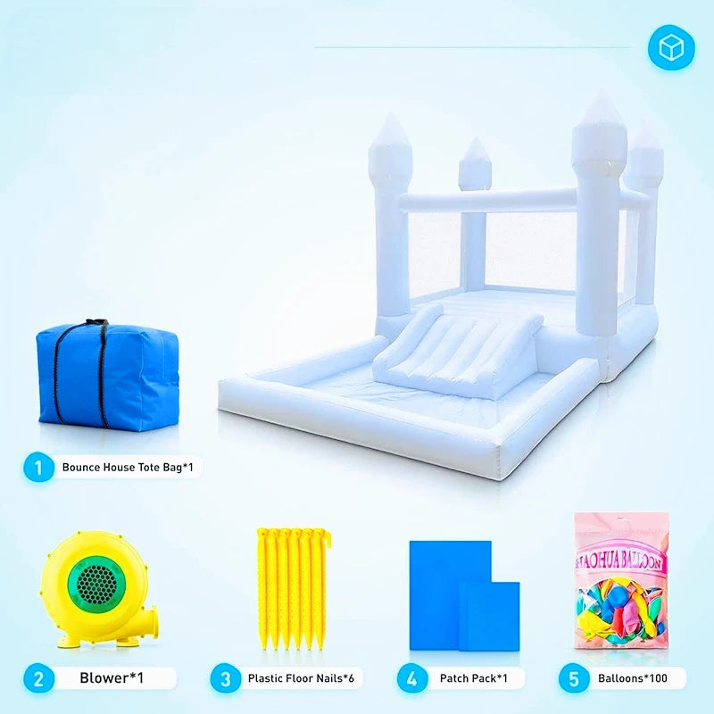 Château gonflable blanc 4m toboggan piscine à balles