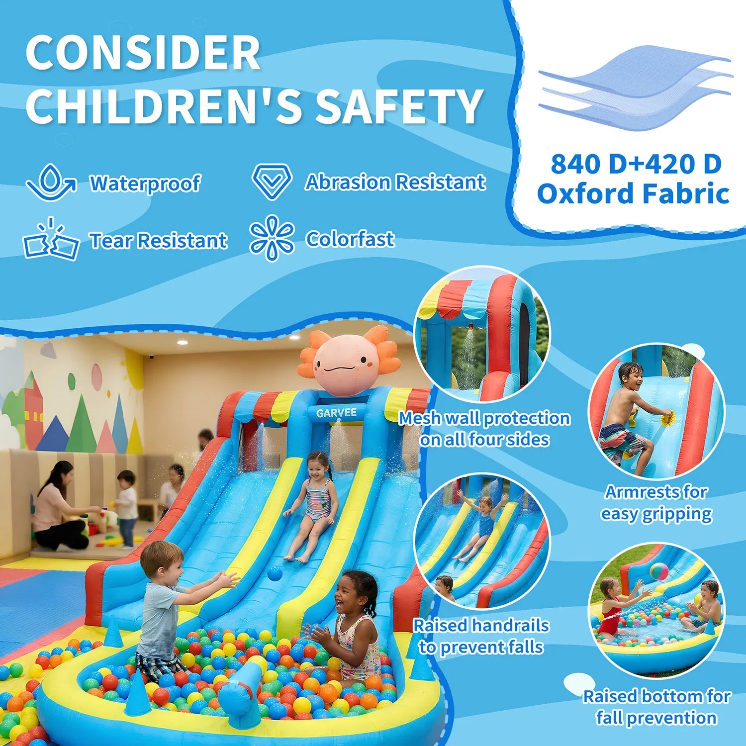 Piscine à vagues et pistolets à eau inclus dans l'aire de jeux gonflable