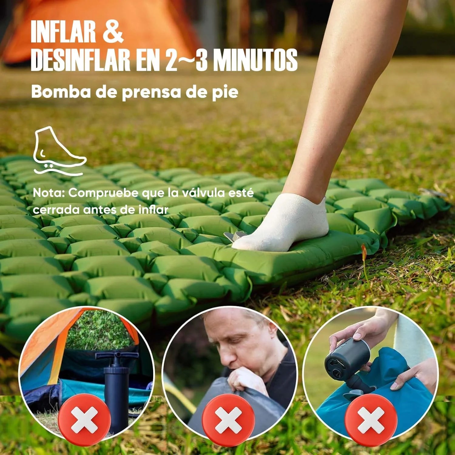 Matelas de camping gonflable double installé en extérieur