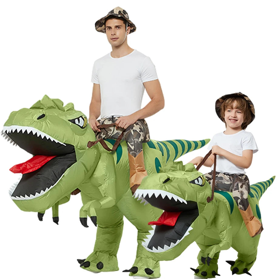Costume gonflable T-Rex chevauché adulte vert vue de face