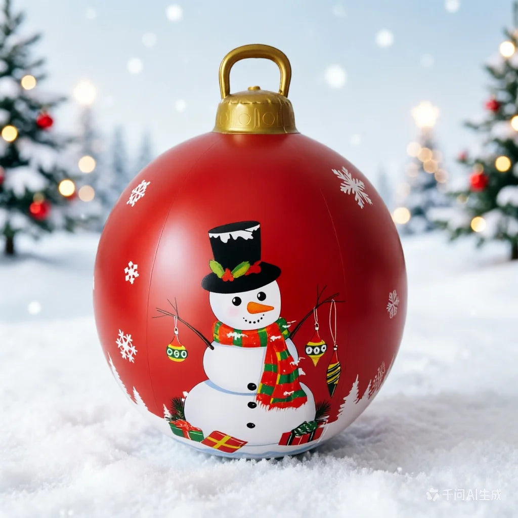 Boule gonflable Noël accrochée dans jardin