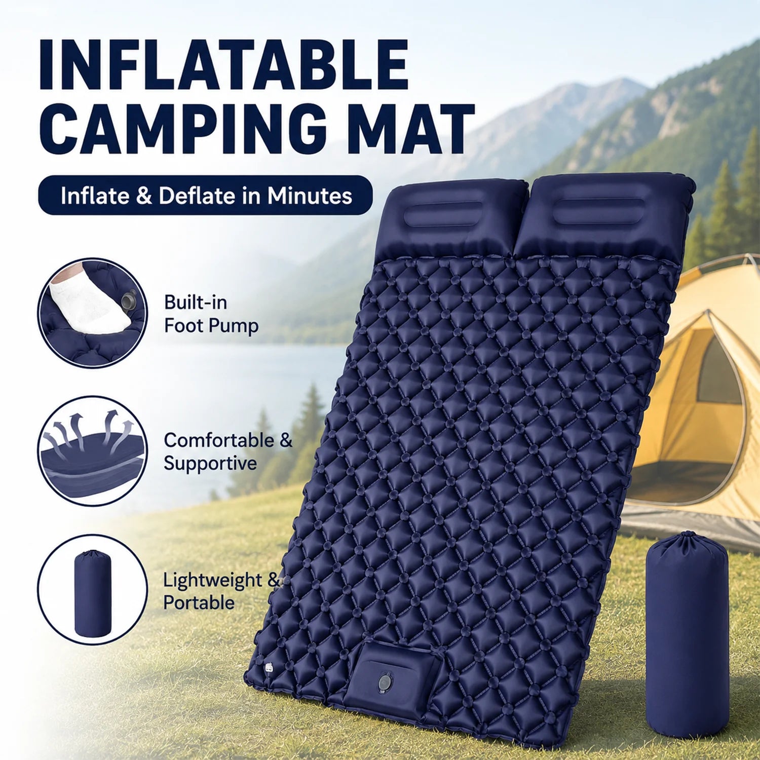 Matelas de camping gonflable pompe intégrée vue d'ensemble