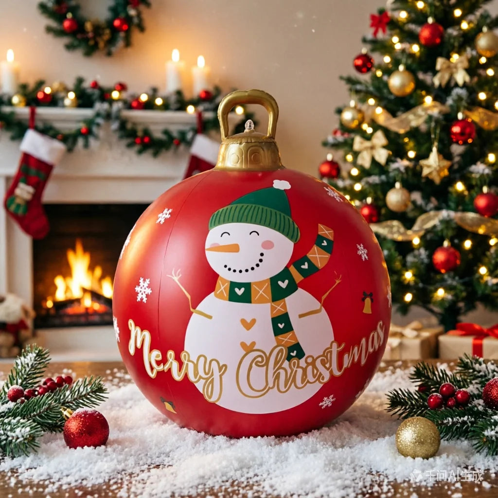 Boule de Noël gonflable 60 cm rouge, motif bonhomme de neige
