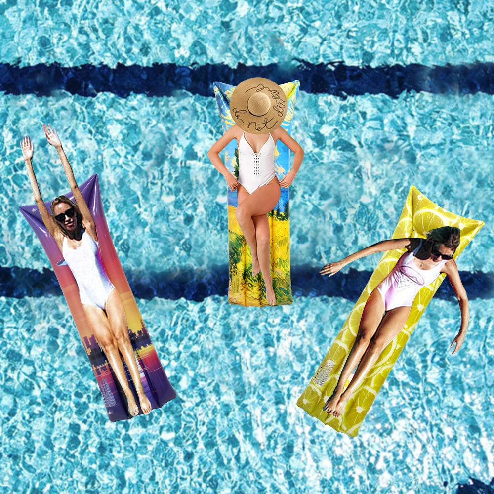 Adulte se relaxant sur le matelas flottant gonflable graffiti en piscine