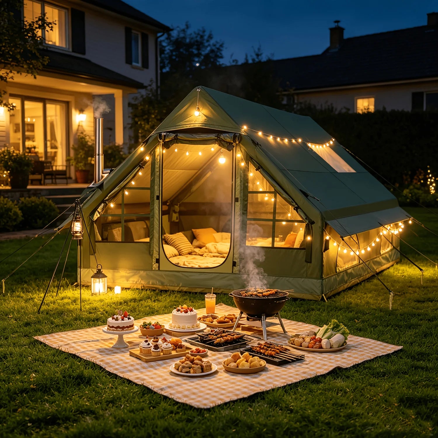 Tente gonflable camping luxe installée en pleine nature