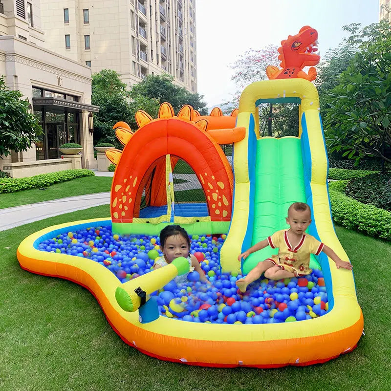 Château gonflable dinosaure aquatique toboggan enfants extérieur