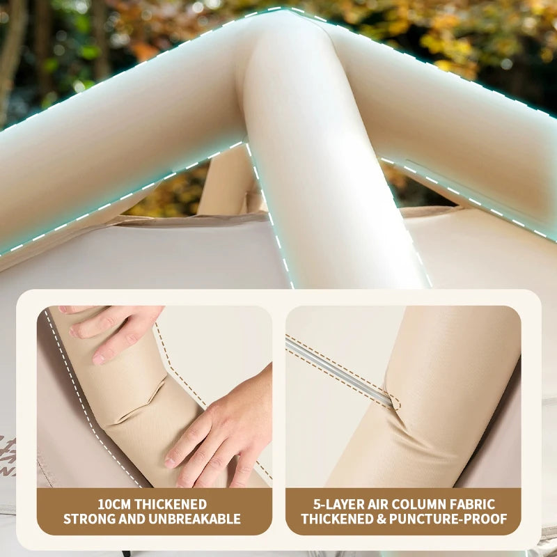 Tente gonflable kaki foncé installée en extérieur