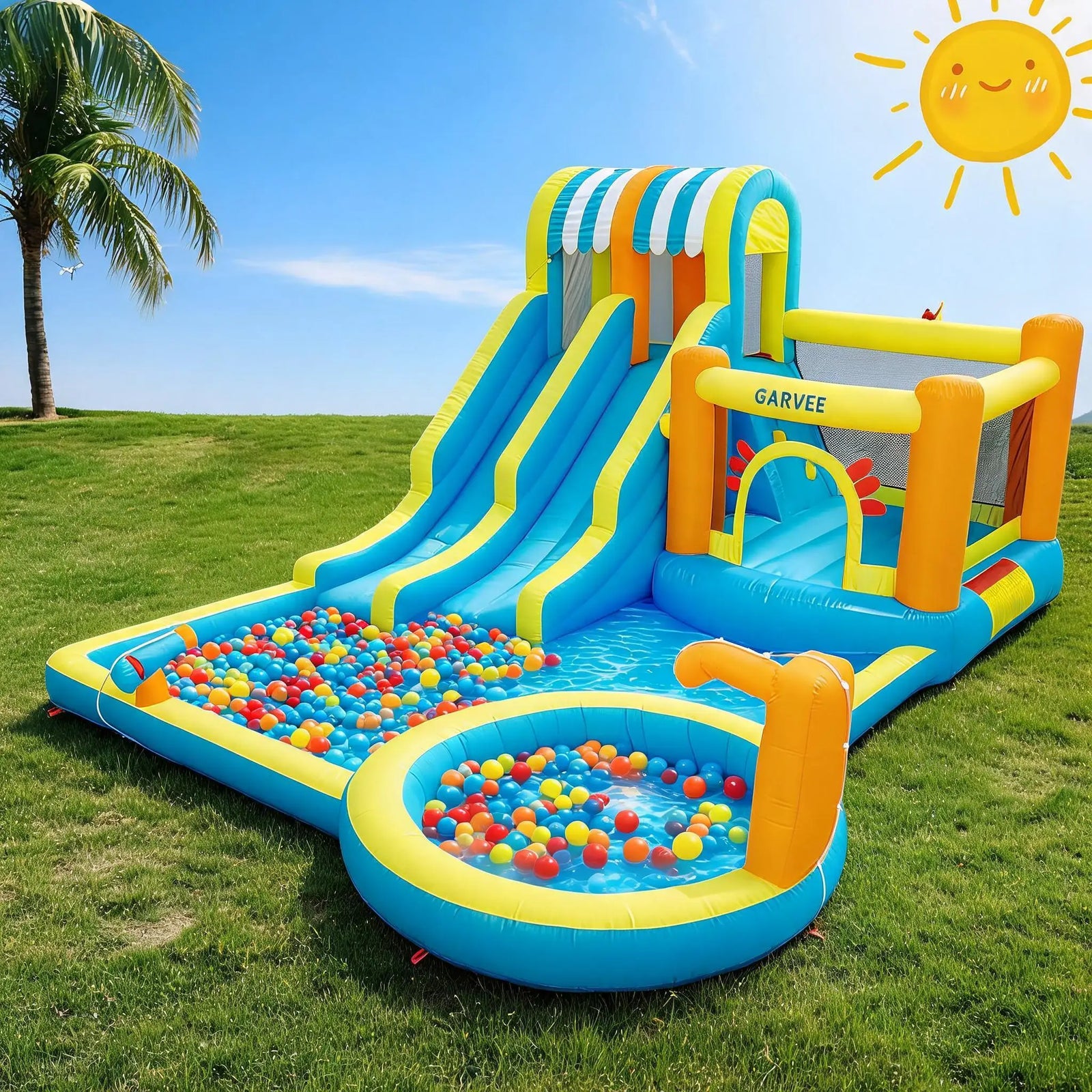 Aire de jeux gonflable 9-en-1 avec deux toboggans aquatiques dans un jardin