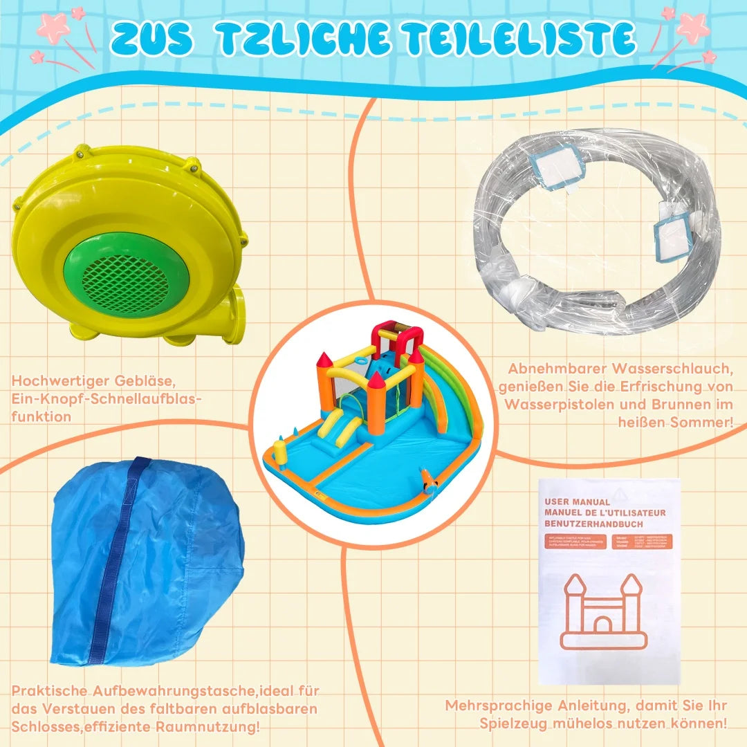 Vue d'ensemble du château gonflable multicolore avec toboggan aquatique