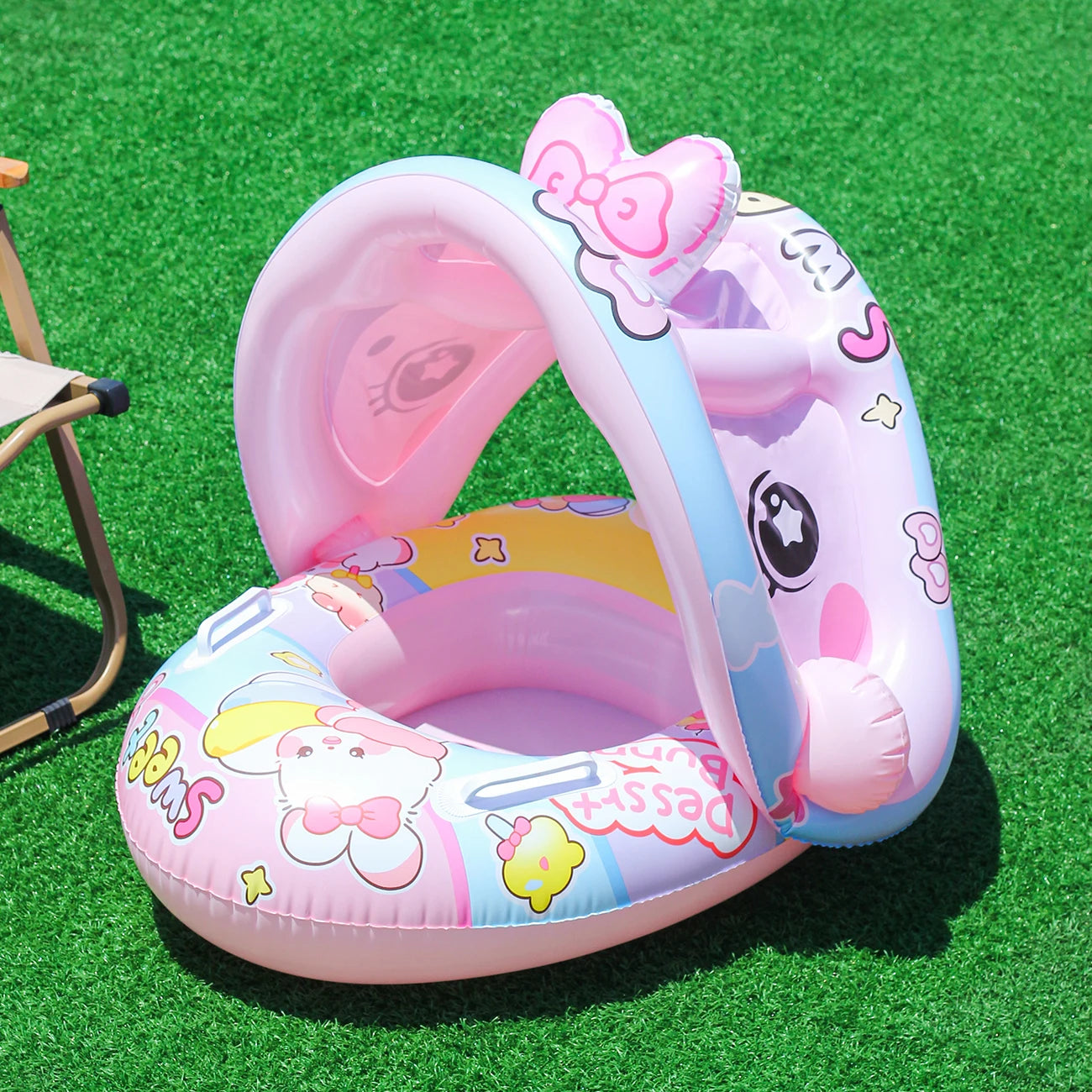 Bouée gonflable lapin rose vue principale piscine