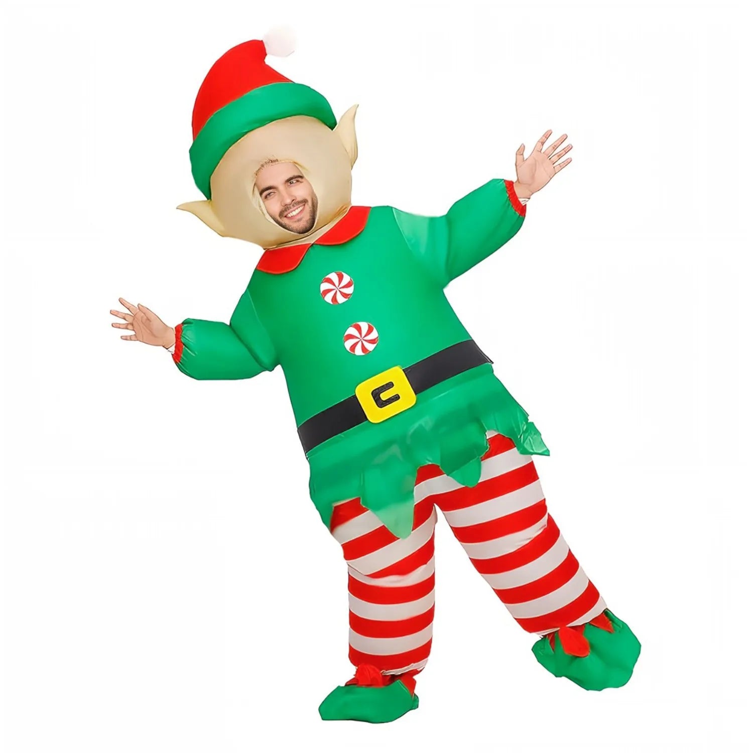 Costume gonflable elfe de Noël adulte vert vue de face