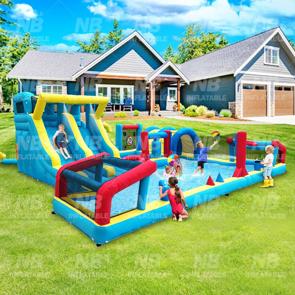 Aire de jeux gonflable parc aquatique double toboggan enfants