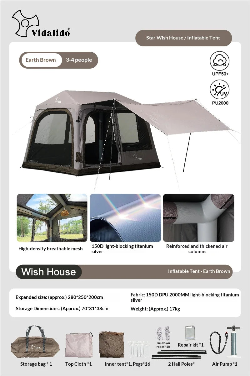 Tente gonflable marron terre pour camping familial