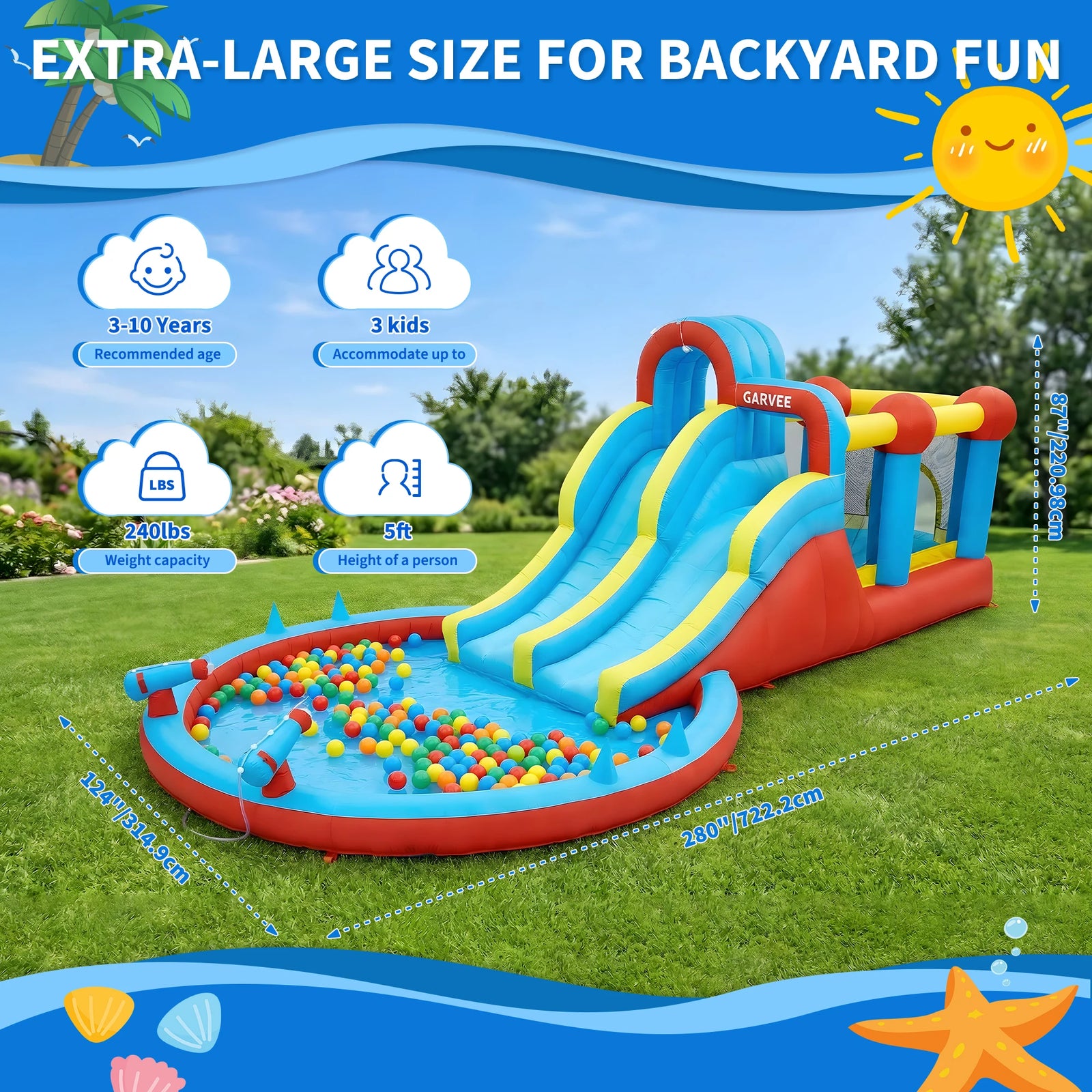Château gonflable parc aquatique 8-en-1 avec toboggans