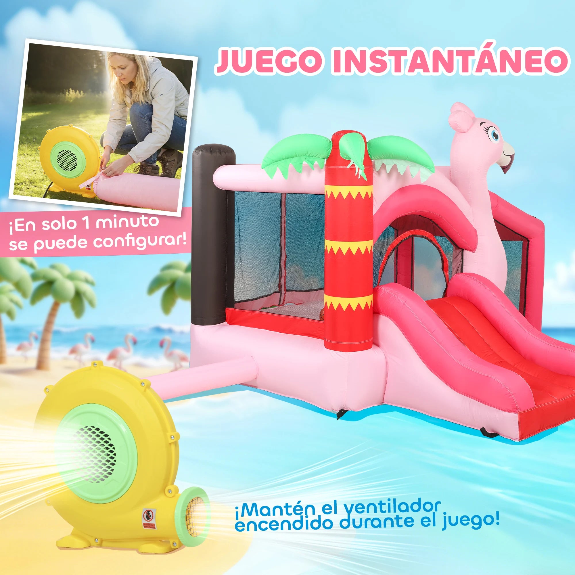 Château gonflable flamant rose avec souffleur 370 W inclus