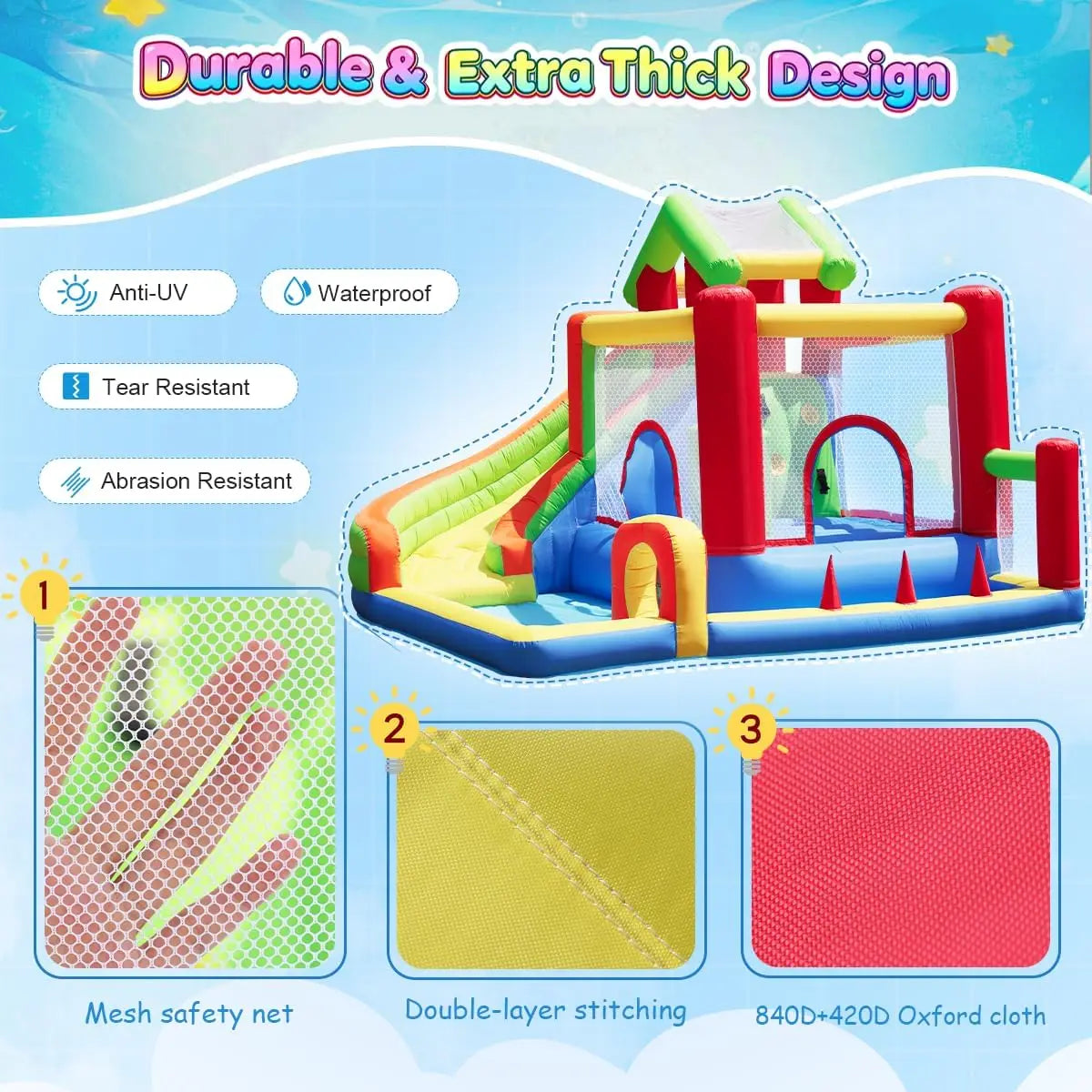 Château gonflable multicolore aire de jeux extérieur
